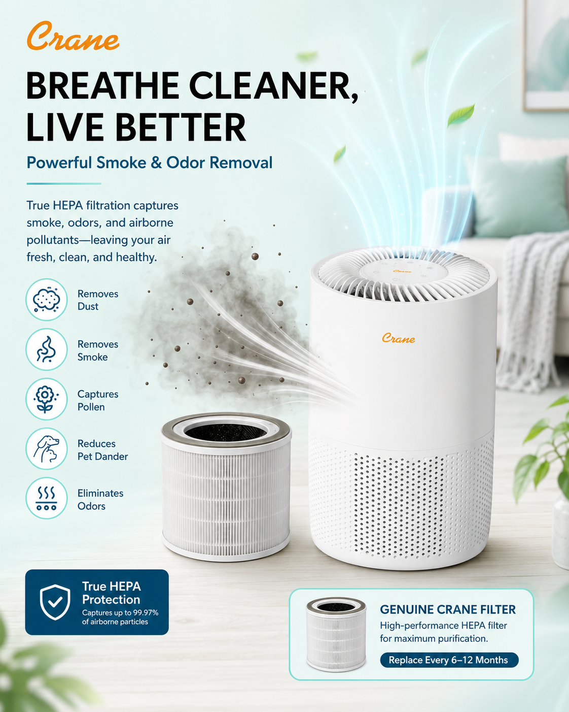 Bedroom Smoke & Allergen Air Purifier — True HEPA, Whisper-Quiet, Child Lock (Covers 300 sq ft)
