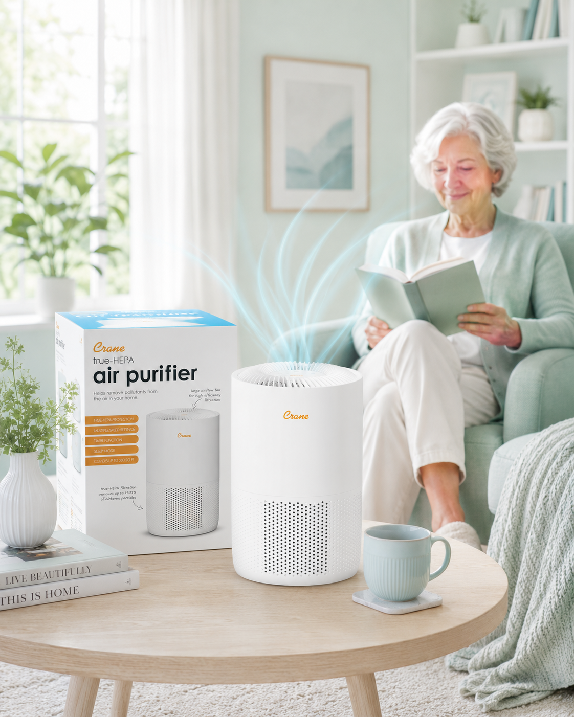 Bedroom Smoke & Allergen Air Purifier — True HEPA, Whisper-Quiet, Child Lock (Covers 300 sq ft)