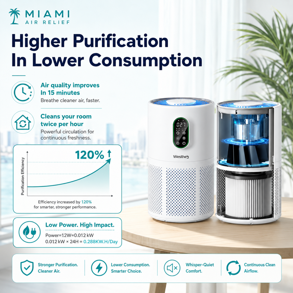 Miami Air Relief — Large Room HEPA Air Purifier, Covers 1650 Ft², H13 True HEPA, PM2.5 Display, Night Light, Wildfire Smoke & Pet Dander Removal, Auto Mode