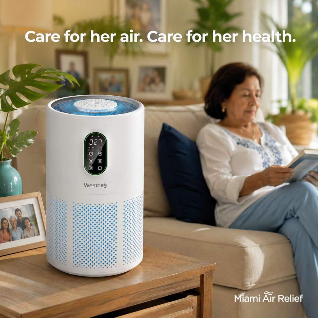 Miami Air Relief — Large Room HEPA Air Purifier, Covers 1650 Ft², H13 True HEPA, PM2.5 Display, Night Light, Wildfire Smoke & Pet Dander Removal, Auto Mode