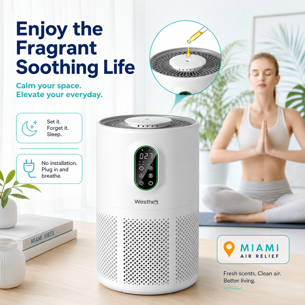 Miami Air Relief — Large Room HEPA Air Purifier, Covers 1650 Ft², H13 True HEPA, PM2.5 Display, Night Light, Wildfire Smoke & Pet Dander Removal, Auto Mode